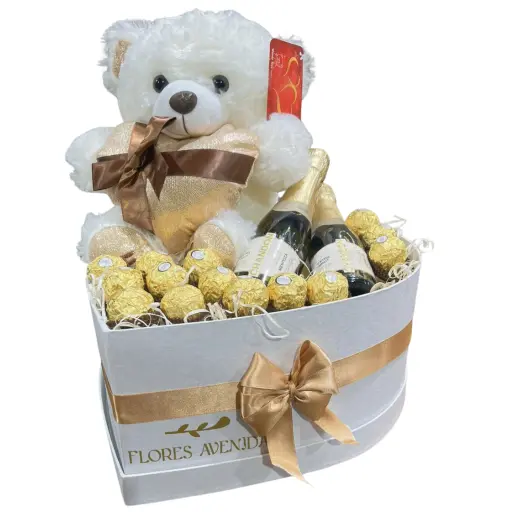 Caja corazon white con peluche bombones rocher y espumante 